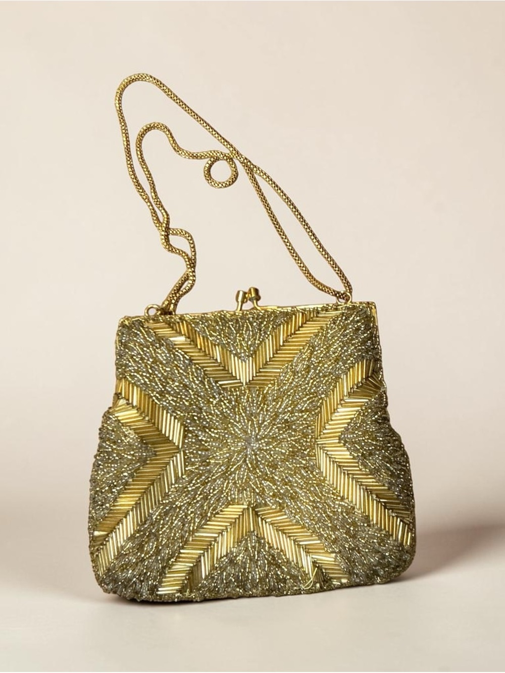 Vintage Gold Beaded Evening Bag Art Deco Style Formal Clutch Purse Chain Strap